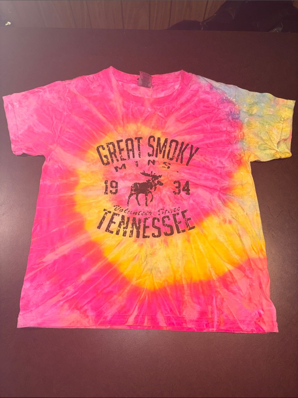 Gildan Kids Tie-Dye Tee - Pink, Yellow & Blue Great Smoky Mountains Tennessee